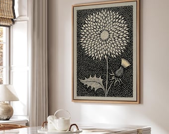 Vintage Thistle Botanical Framed Wall Art, Black Beige Floral Canvas Print, Neutral Cottage Living Room Decor