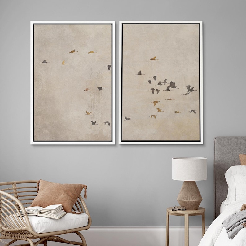 Flying Birds Wall Art - Framed Minimalist Canvas Set of 3, Neutral Beige Abstract Silhouette Print, Zen Wall Decor for Living Room, Office 2PC Set - White