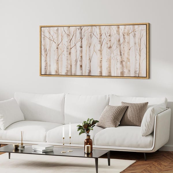 Grande oeuvre d'art murale neutre encadrée de forêt de bouleaux, impression sur toile de paysage forestier aquarelle, décoration nature scandinave minimaliste
