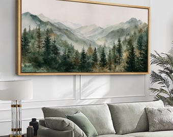 Large Framed Watercolor Pine Trees Wall Art, Forest Mountain Landscape Canvas Print, Rustic Green Nature Scene Artwork for Bedroom Decor