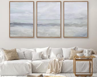 Coastal Abstract Triptych - Set of 3 Framed Blue & Gray Canvas Prints, Minimalist Ocean Landscape Wall Art for Serene Bedroom or Living Room