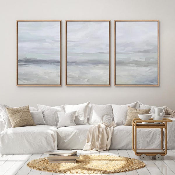 Coastal Abstract Triptych - Set of 3 Framed Blue & Gray Canvas Prints, Minimalist Ocean Landscape Wall Art for Serene Bedroom or Living Room