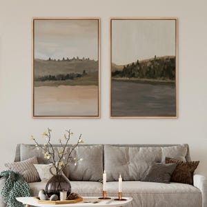 Minimalist Landscape Wall Art - Set of 2 Framed Earth Tone Canvas, Abstract Neutral Brown & Beige Prints for Modern or Rustic Home Decor