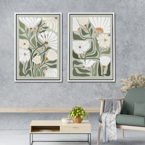 Framed Canvas Wall Art Prints Set of 2 Abstract Green Botanical Floral ...