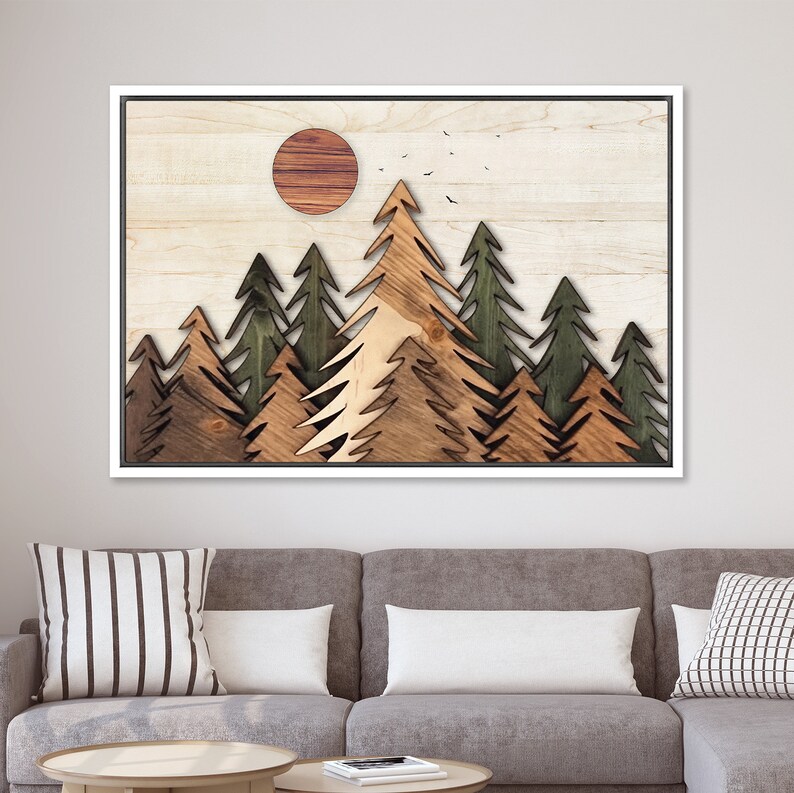 Framed Canvas Print Wall Art Wood Panel Pine Trees Forest Illustration ...