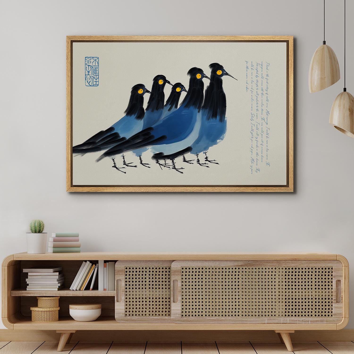 Funny Blue & Black Birds Wall Art - Framed Minimalist Ink Canvas