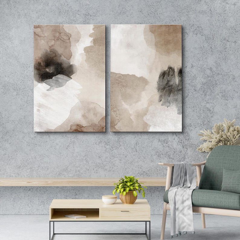 Framed Canvas Wall Art Print Set of 2 Abstract Beige Brown Art Print ...