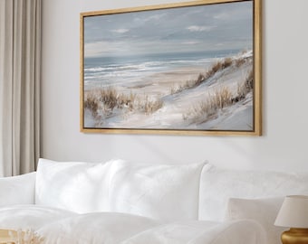 Winter Coastal Grass Dune Framed Wall Art, Muted Beach Ocean Canvas Print, Farmhouse Living Room Decor