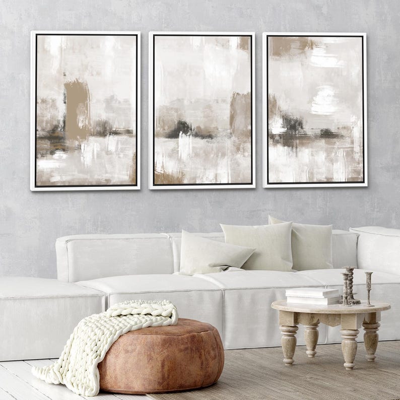 Framed Canvas Print Wall Art Set of 3 Neutral Abstract Print Beige and ...