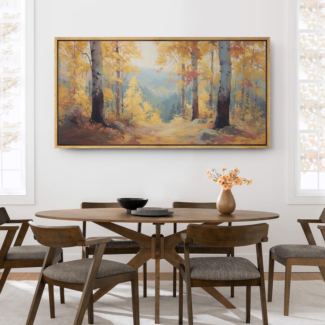 Golden Birch Tree Wall Art, Large Framed Autumn Forest Landscape Canvas ...