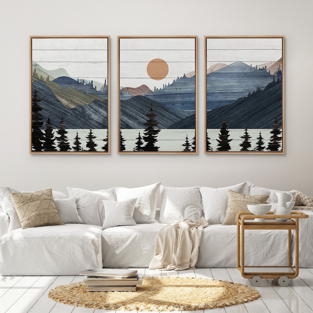 Sunset Mountain Landscape Framed Wall Art Set of 3, Rustic Pine Tree ...
