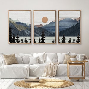 Framed Canvas Wall Art Set of 3 Wood Panel Blue Mountain Pine Forest Landscape Print Rustic Art Modern Farmhouse Wall Decor