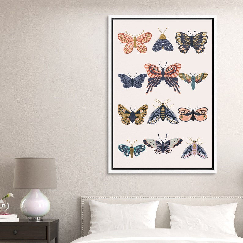 Framed Canvas Wall Art Floral Butterfly Print Mid Century Modern Art Boho Wall Decor White