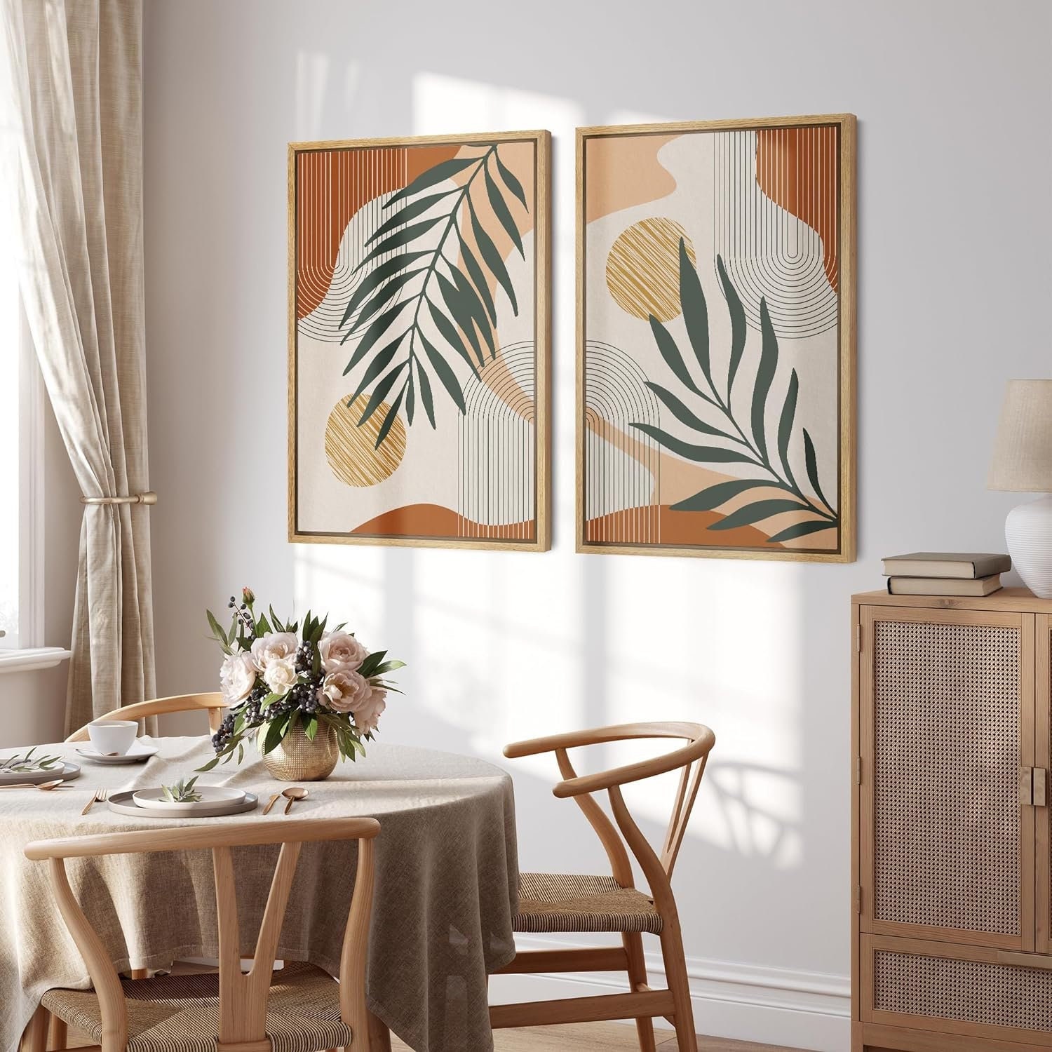 Framed Canvas Wall Art Set of 2 Abstract Polygon Tropical Leaves