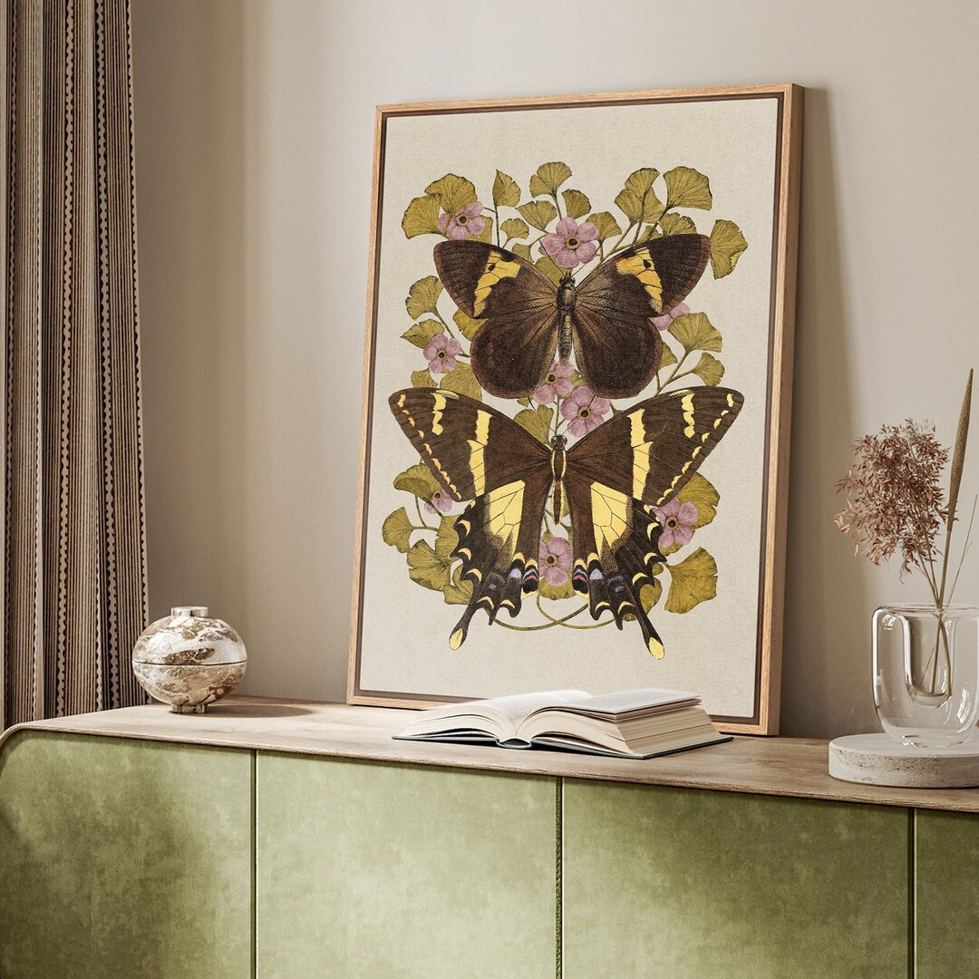 Framed Canvas Wall Art Butterfly Floral Botanical Print Minimalist ...