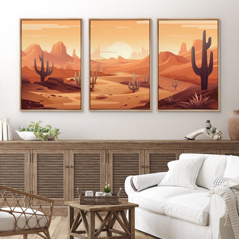 Framed Canvas Wall Art Set of 3 Southwest Sunset Cactus Desert ...