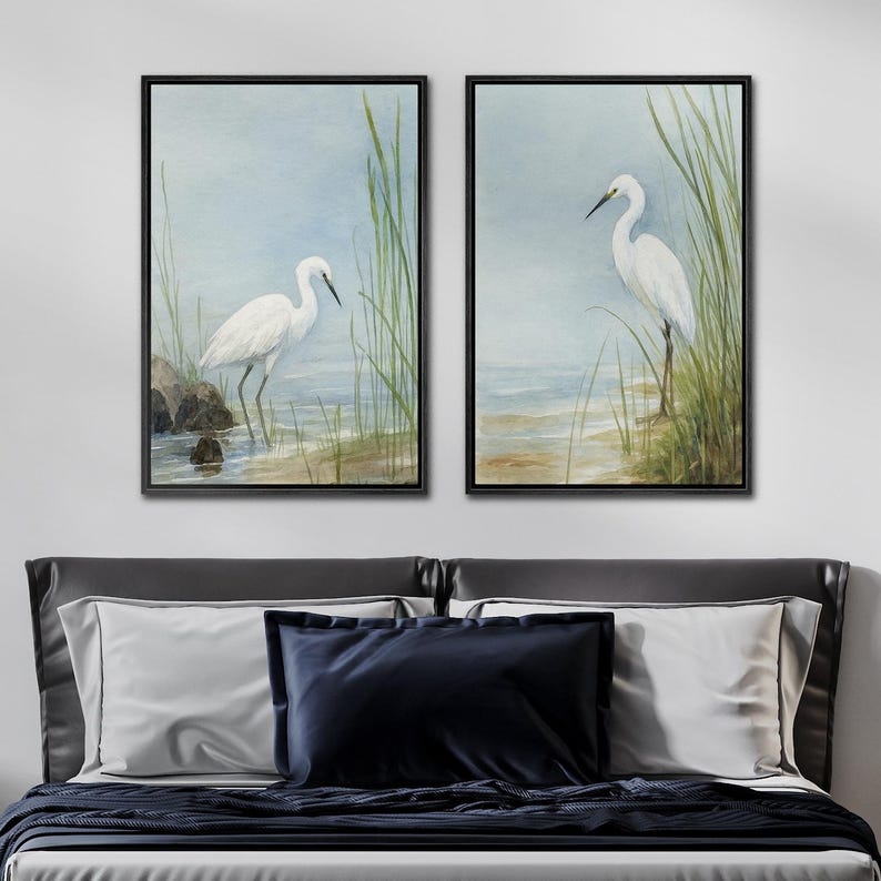 Coastal White Egret Wall Art - Set of 2 Framed Beach Bird Watercolor ...
