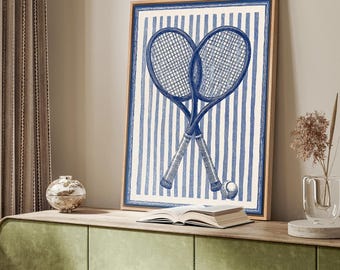 Tennis Racket Framed Wall Art, Blue Striped Sports Canvas Print, Preppy Country Club Decor for Living Room