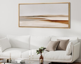 Cuadro grande enmarcado con paisaje desértico neutro, impresión minimalista en lienzo de estilo suroeste, decoración tranquila en tonos tierra para la sala de estar.