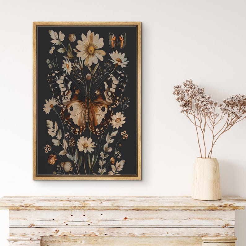 Framed Canvas Wall Art Abstract Dark Black Botanical Flower Butterfly