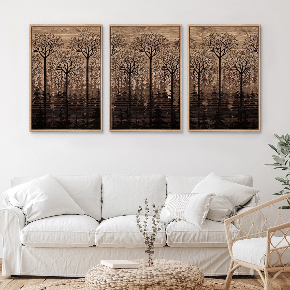Framed Canvas Wall Art Set of 3 Brown Wood Panel Tree Rustic