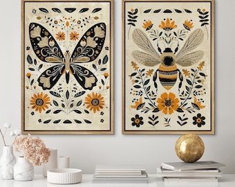 Framed Canvas Wall Art Set of 2 Ornate Butterfly Prints Botanical Floral Minimalist Modern Boho Wall Art Living Room Decor