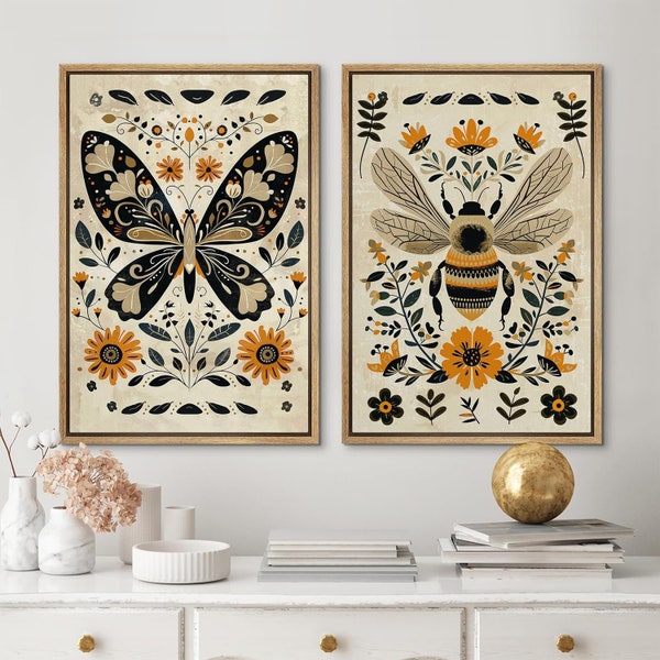 Framed Canvas Wall Art Set of 2 Ornate Butterfly Prints Botanical Floral Minimalist Modern Boho Wall Art Living Room Decor