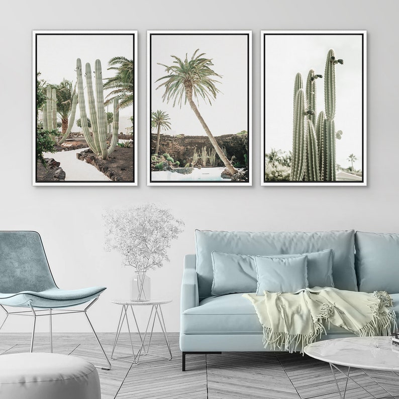 Framed Canvas Wall Art Set of 3 Green Cactus Desert Landscape Photography Prints Minimalist Modern Art Western Decor White