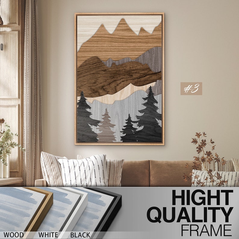 Framed Canvas Wall Art Set of 3 Wood Panel Brown Mountain Pine Tree ...
