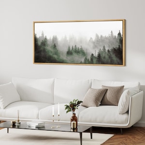 Framed Canvas Wall Art Misty Forest Mountain Landscape Print Nature Minimalist Modern Large Wall Art Panoramic Decor Living Room