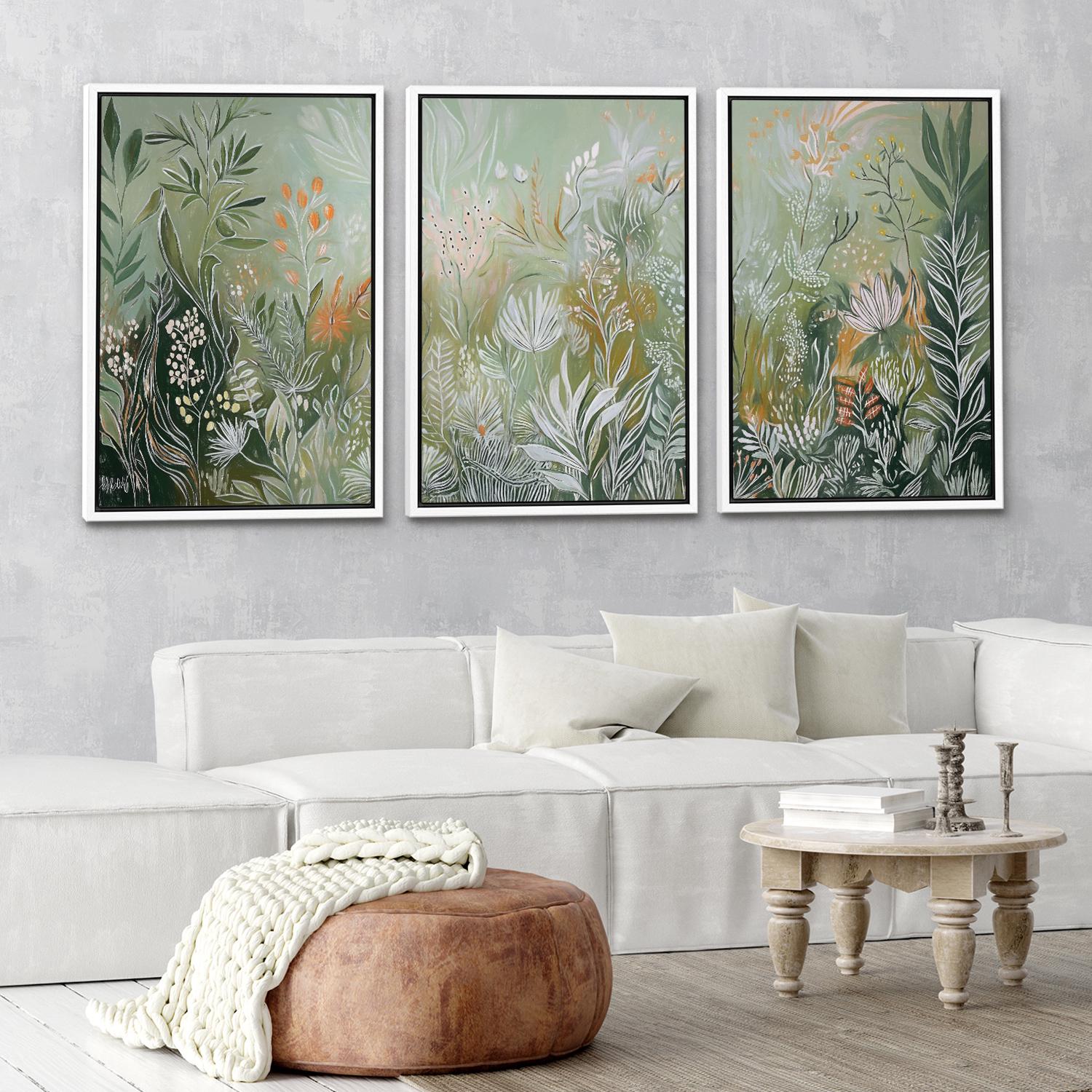 Lush Green Botanical Wall Art - Set of 3 Framed Wildflower Canvas