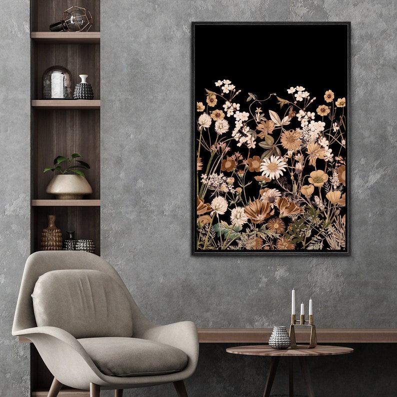 Framed Canvas Wall Art Dark Black Moody Wildflower Botanical Floral Art ...