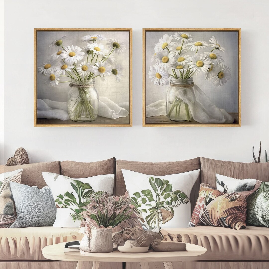 Framed Canvas Wall Art Set White Daisy Flowers Floral Botanical Prints ...