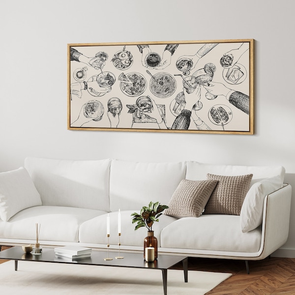 Large Framed Dining Table Cheers Wall Art, Social Gathering Sketch Canvas Print, Modern Minimalist Line Decor for Dining Room or Kitchen