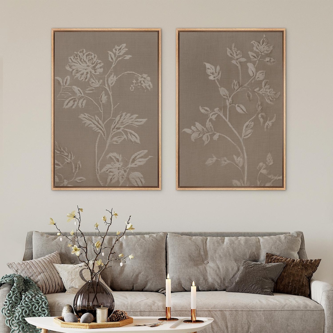 Vintage Botanical Wall Art Set of 2 - Framed Neutral Floral Canvas ...
