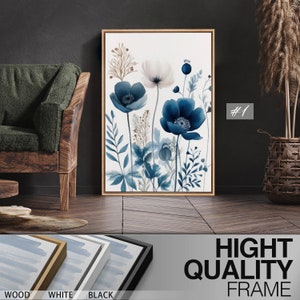 Framed Canvas Wall Art Prints Set of 3 Navy Blue Wildflowers Botanical ...