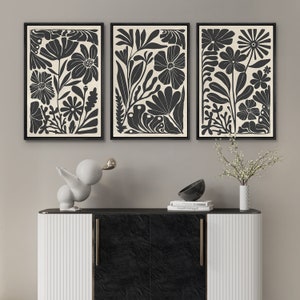 Framed Canvas Wall Art Set Abstract Floral Botanical Prints Minimalist Modern Art Boho Wall Decor bundle of 3 - Black