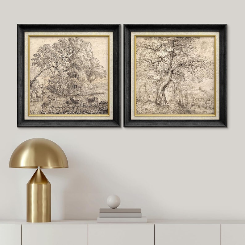 Premium Framed Wall Art Set of 2 Vintage Countryside Forest Tree ...