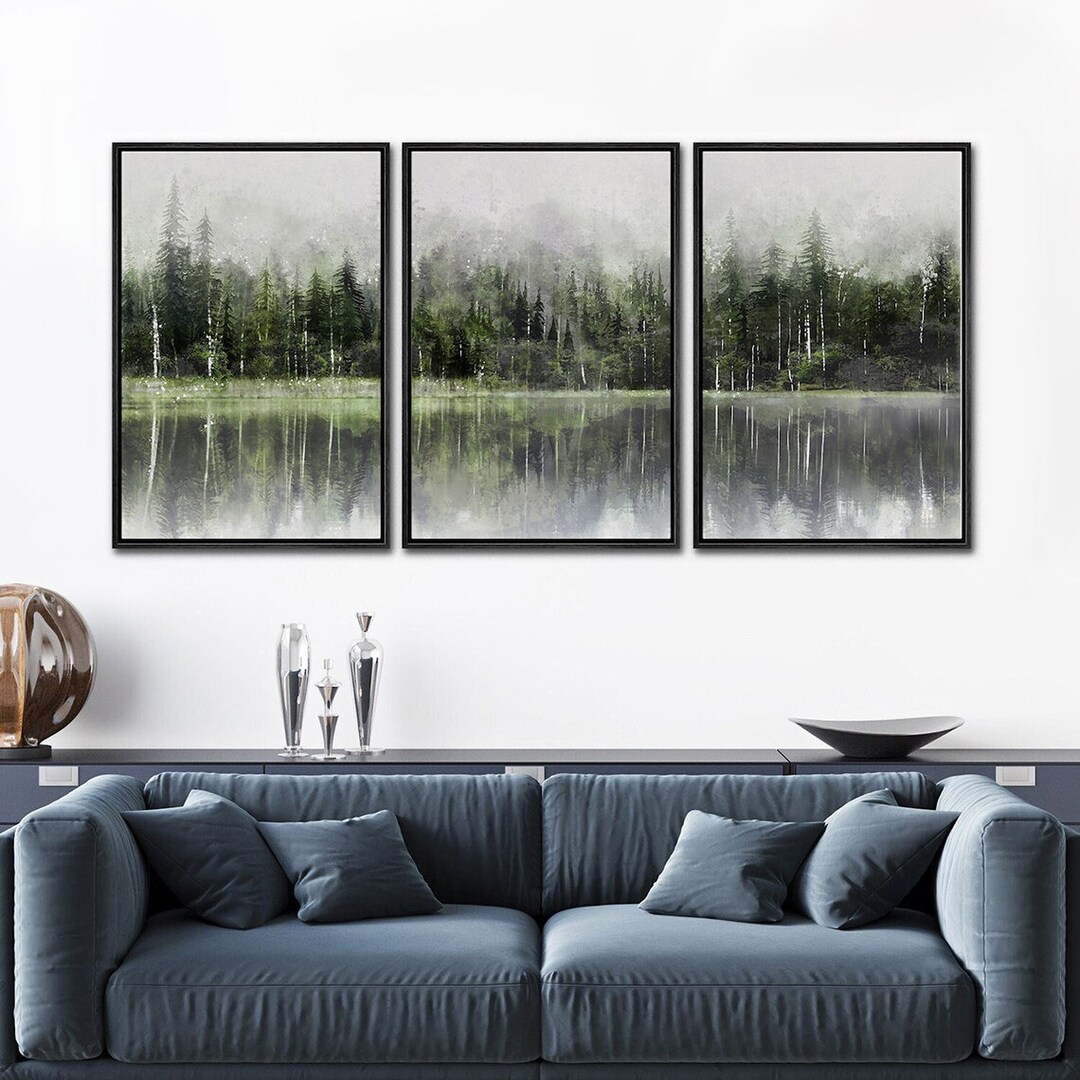 Framed Canvas Wall Art Set Dark Green Forest Landscape Prints Modern ...