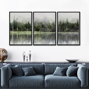 Framed Canvas Wall Art Set Dark Green Forest Landscape Prints Modern Art Nature Wall Decor
