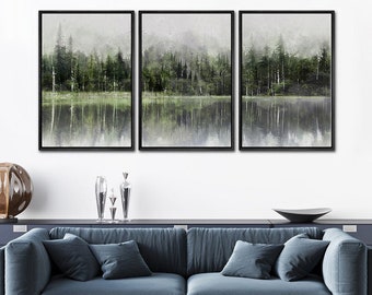 Framed Canvas Wall Art Set Dark Green Forest Landscape Prints Modern Art Nature Wall Decor