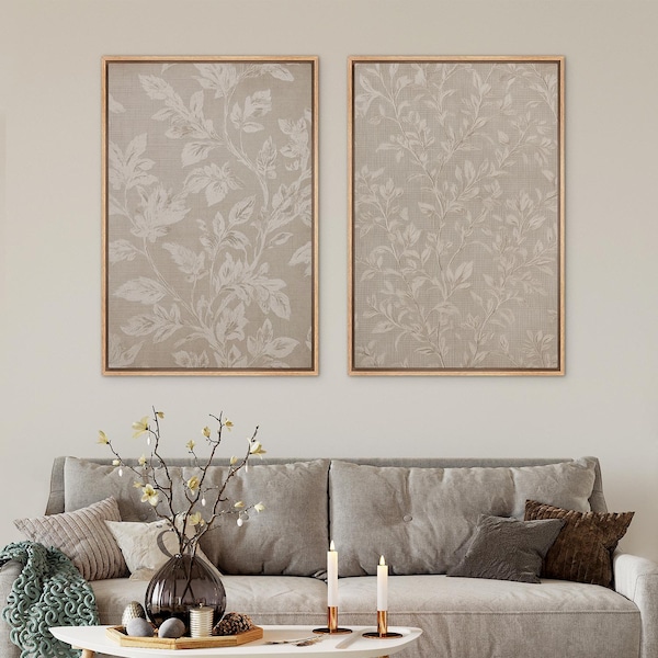 Vintage Botanical Leaf Wall Art Set of 2 - Framed Neutral Floral Canvas Prints, Rustic Farmhouse Nature Artwork for Living Room Decor