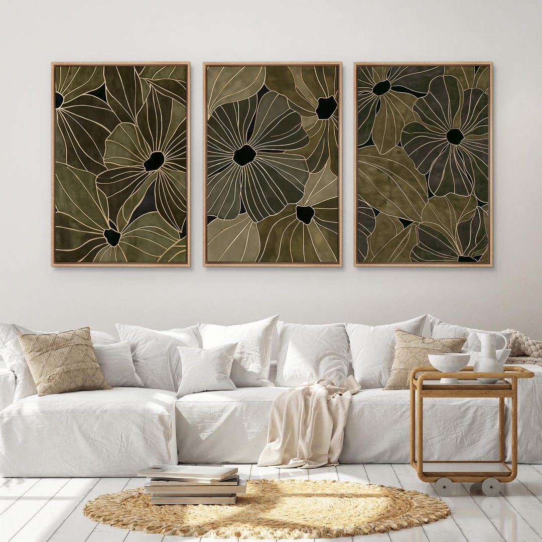 Gold Line Abstract Botanical Framed Wall Art Set of 3, Black Green ...