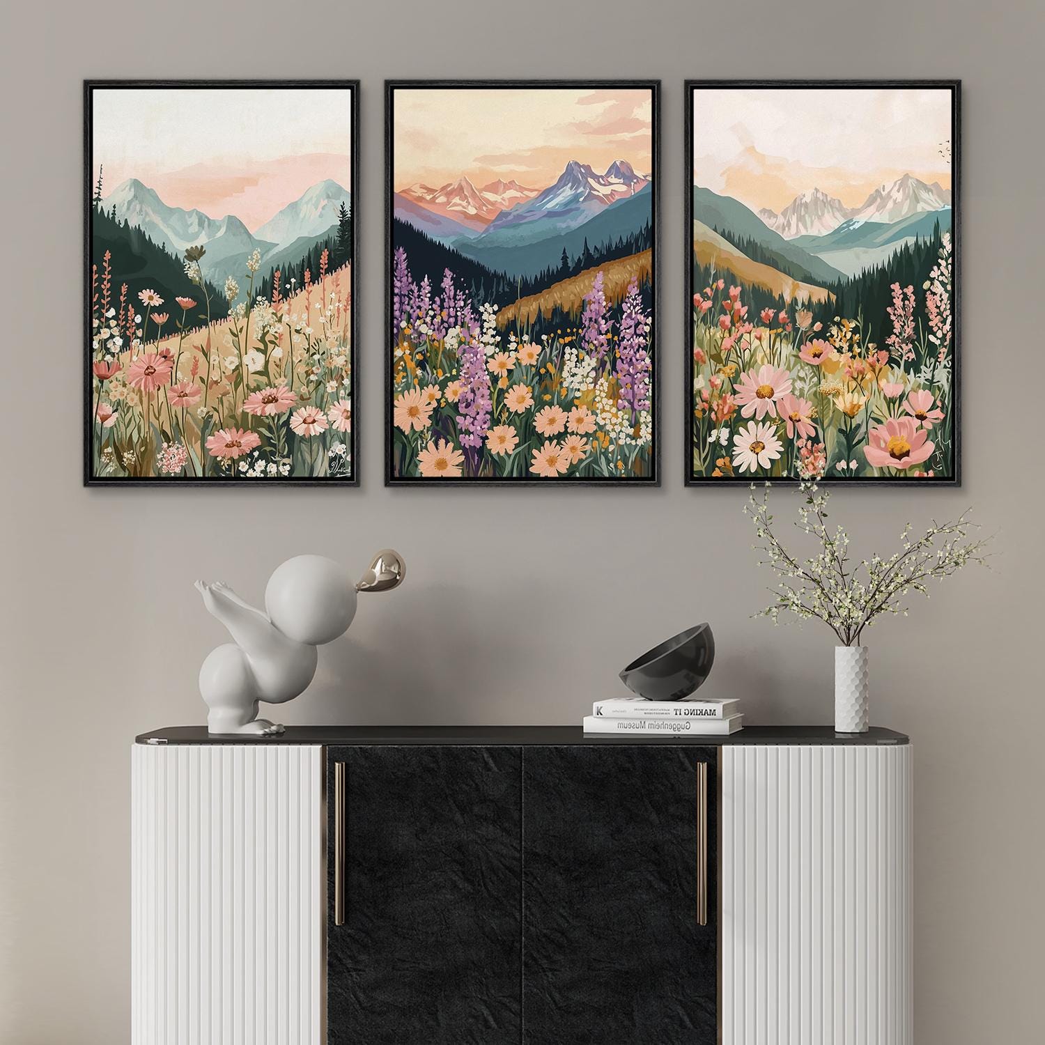 Mountain Wildflower Wall Art Set of 3 - Framed Pastel Canvas Prints ...