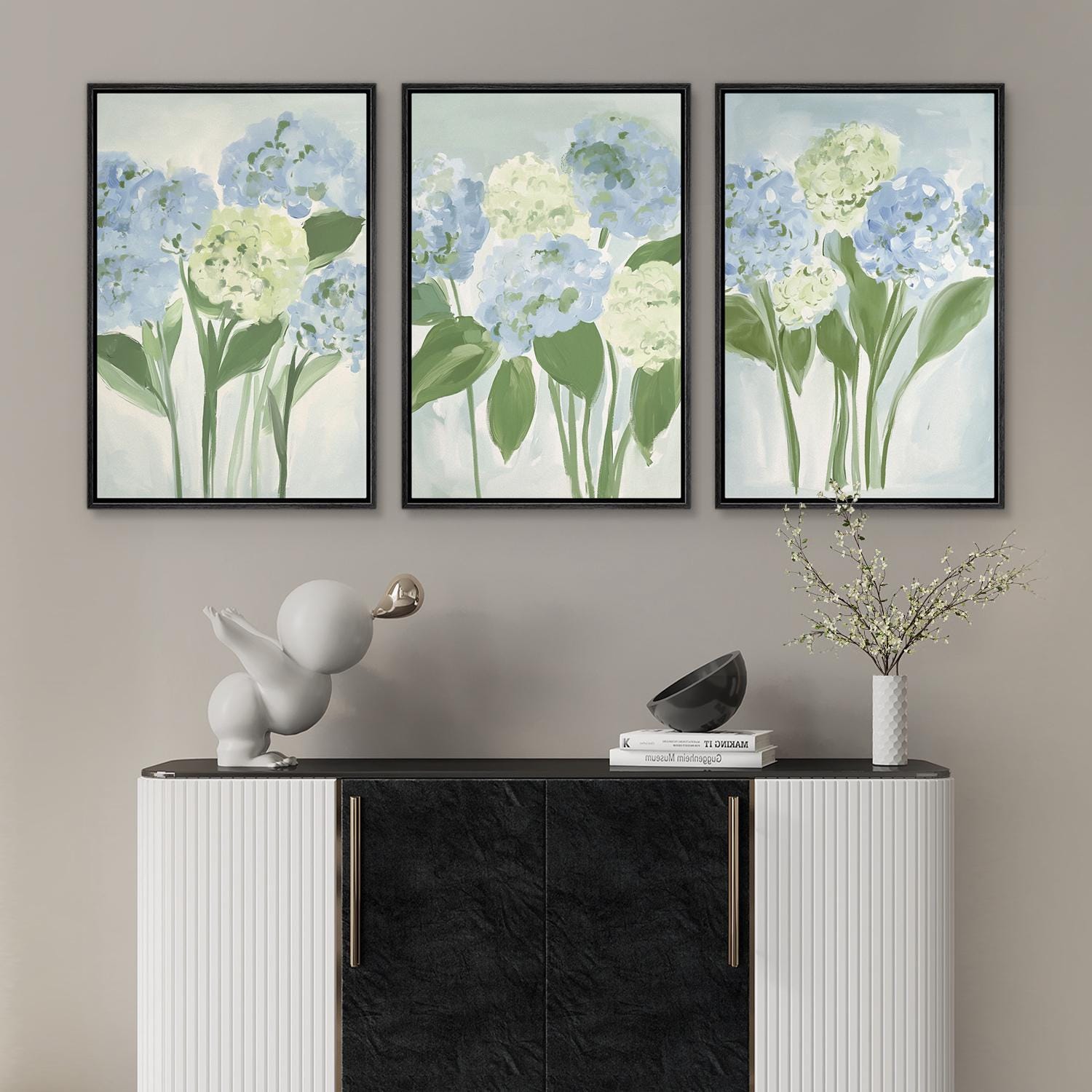 Hydrangea Floral Wall Art - Set of 3 Framed Botanical Canvas Prints ...