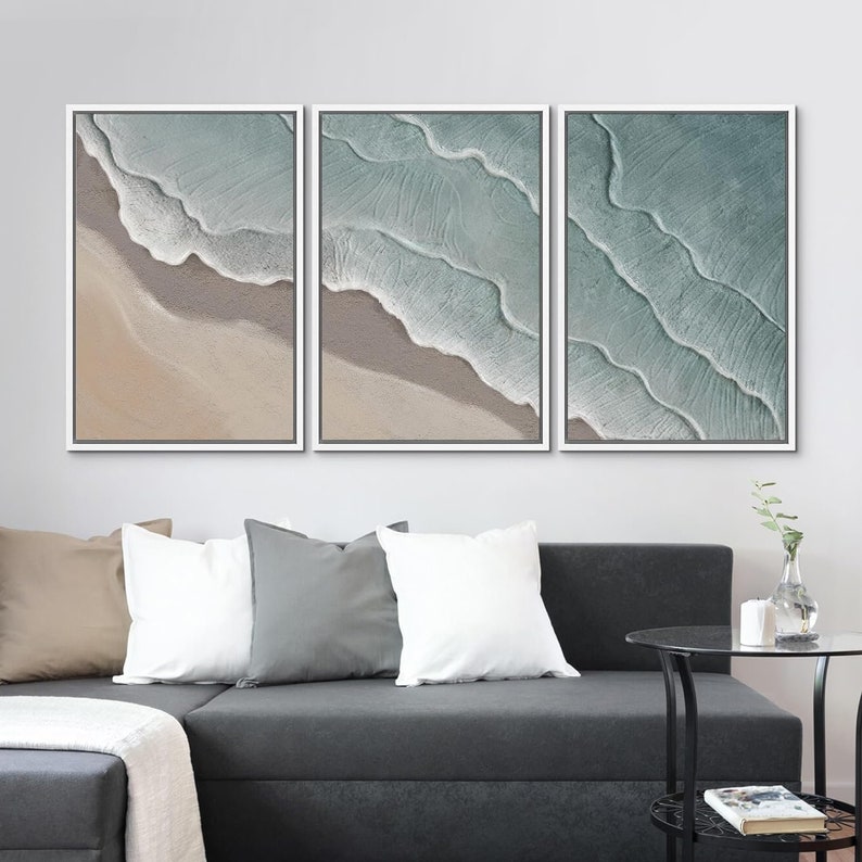 Framed Canvas Wall Art Set of 3 Coastal Beach Ocean Blue Prints Neutral ...