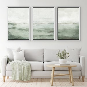 Sage Green Abstract Landscape Framed Wall Art Set of 3, Misty Neutral ...