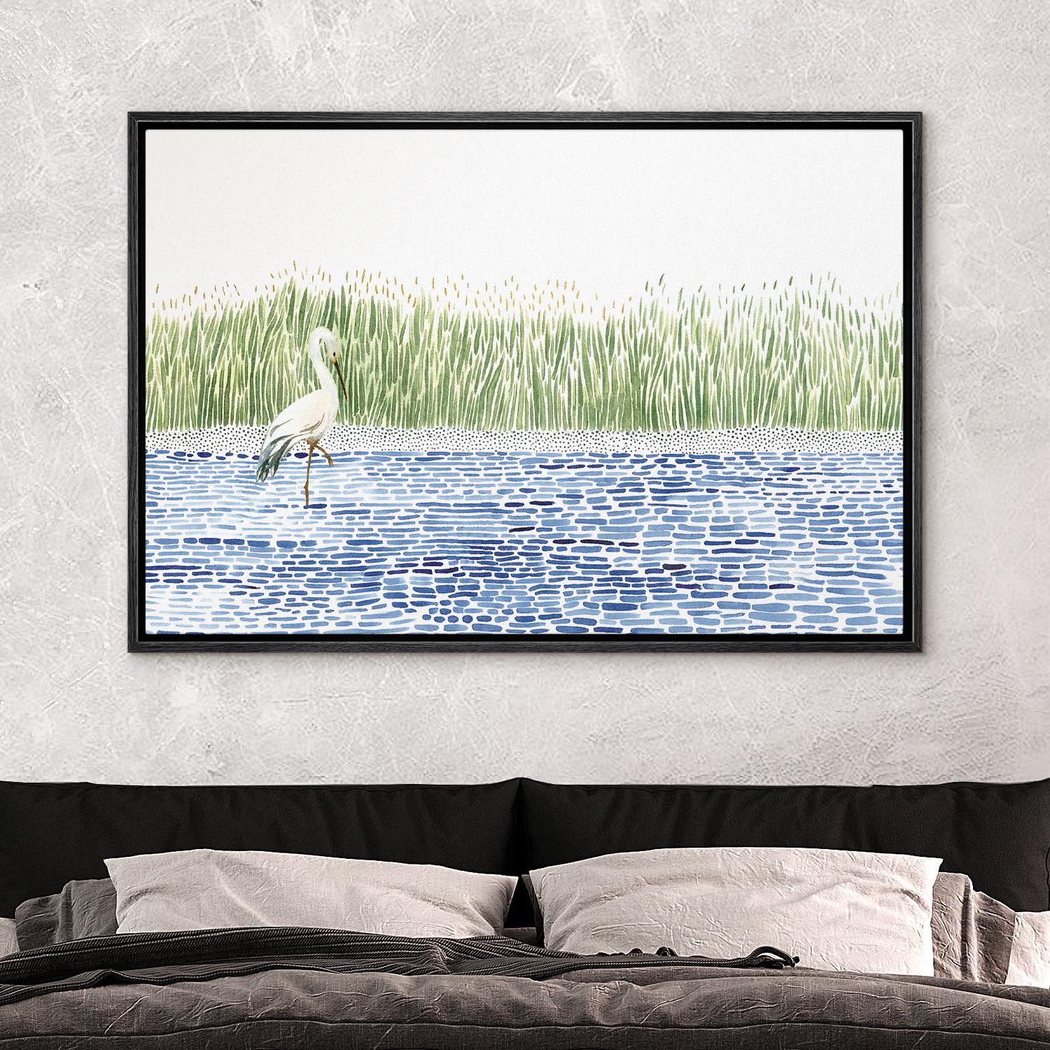 Minimalist Egret in Marsh Wall Art - Framed Watercolor Bird Canvas ...