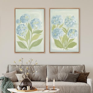 Blue Hydrangea Wall Art - Set of 2 Framed Light Blue Botanical Canvas Prints, Soft Pastel Flower Art for Bedroom or Living Room Decor