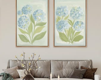 Watercolor Hydrangea Floral Framed Wall Art Set of 2, Blue Green Botanical Canvas Prints, Scandinavia Cottagecore Bedroom Decor